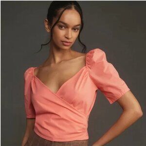 NWT Anthropologie | Orange Puff-Sleeve V-Neck Cotton Boho Pastel Wrap Top, XS
